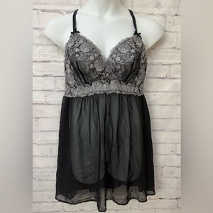 Cacique 14/16 Black‎ Silver Lace Sheer Lingerie Chemise Neglige Nightgown Sexy